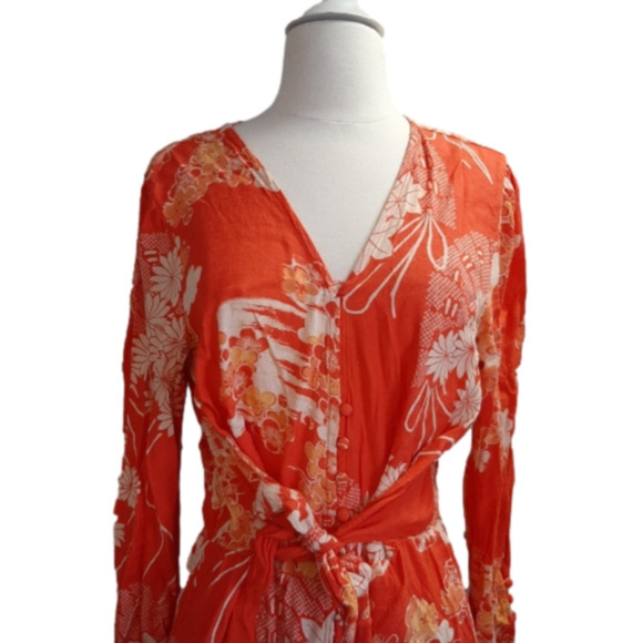 Red and White Floral Long Free People Dress M - Picture 1 of 8